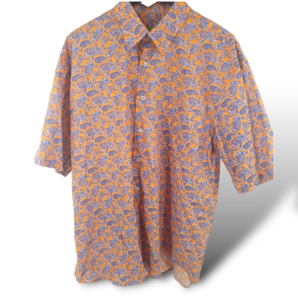Alan Flusser button dress Shirt Paisley orange size large short sleeve collar